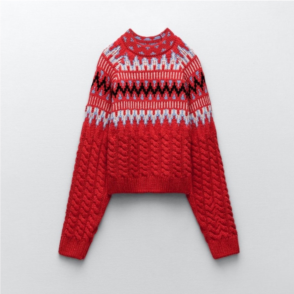ZARA CABLE KNIT WOOL BLEND JACQUARD SWEATER - Picture 8 of 10